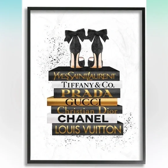 Wall decor Black Heels White Gold Bookstack Glam Fashion Design, 17.5 x 21.5”